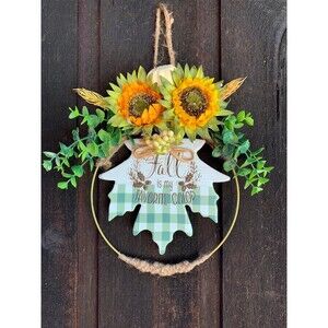 11" Fall Wreath with Sunflowers and Eucalyptus on Gold Wire Ring